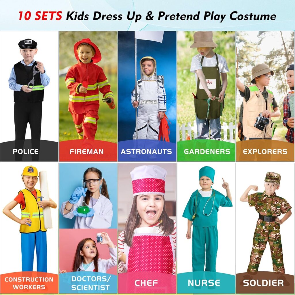 10 Set Dress up Clothes for 3-8 Years Old Washable Construction Policeman Fireman Doctor Chef Gardener Explorer Scientist Soldier Astronaut Costumes for Boys and Girls Role Playing Activities