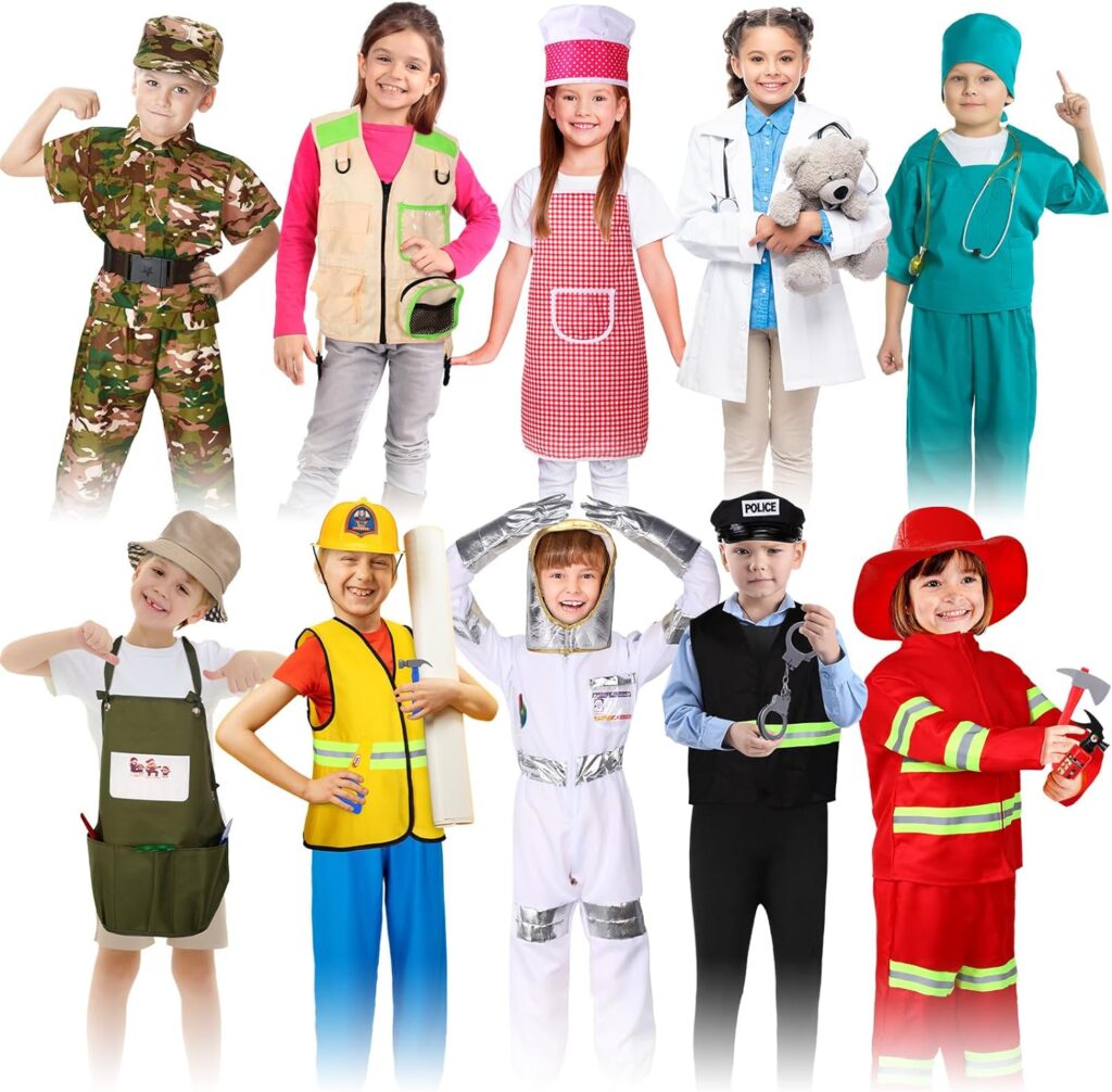 10 Set Dress up Clothes for 3-8 Years Old Washable Construction Policeman Fireman Doctor Chef Gardener Explorer Scientist Soldier Astronaut Costumes for Boys and Girls Role Playing Activities