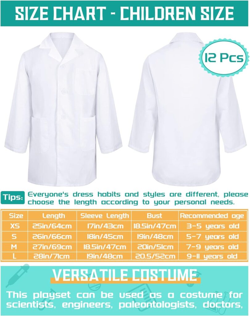 12 Pcs Unisex Kids Lab Coat Bulk Soft Kids Scrubs White Doctor Coat Scientist Halloween Costume for Boys and Girls