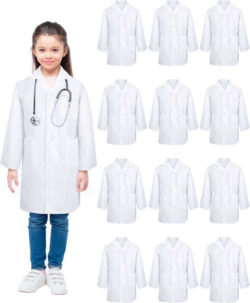 12 Pcs Unisex Kids Lab Coat Bulk Soft Kids Scrubs White Doctor Coat Scientist Halloween Costume for Boys and Girls