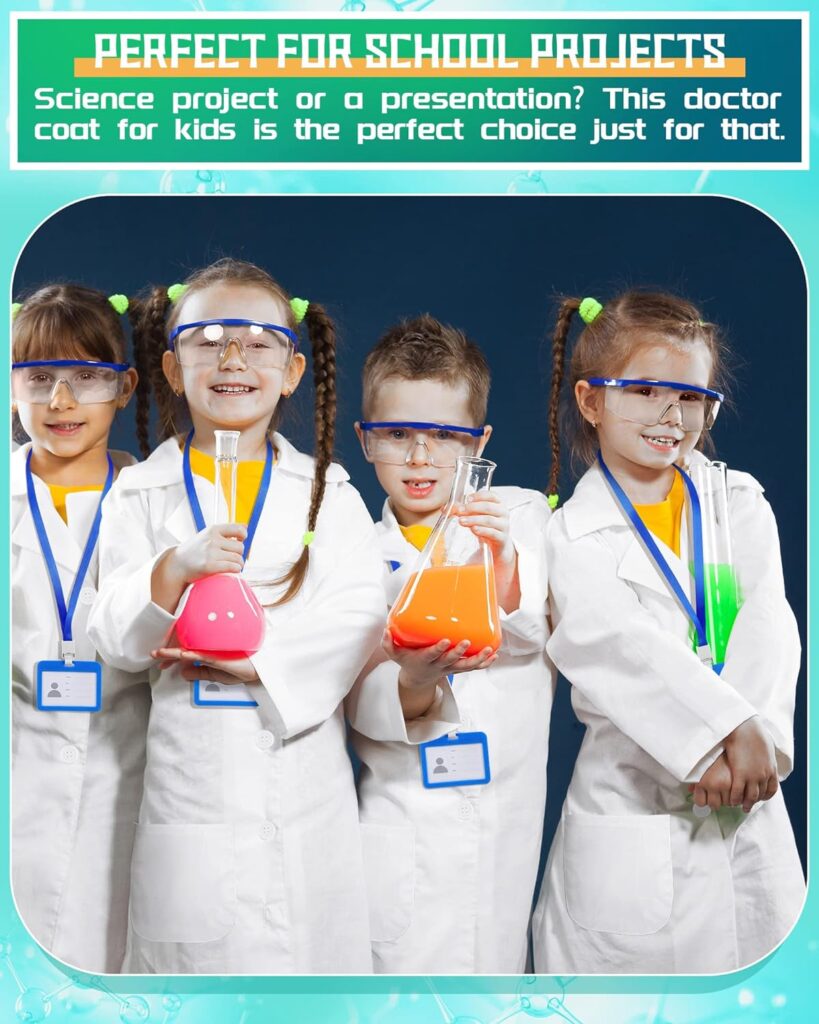 12 Sets 36 Pcs Kids Lab Coat Set Halloween Doctor Costume with Goggles ID Card Science Dentist Doctor Dress Up Kit