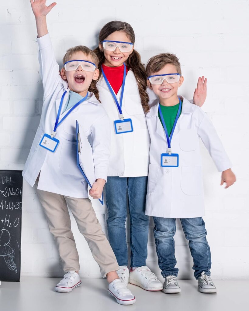 12 Sets 36 Pcs Kids Lab Coat Set Halloween Doctor Costume with Goggles ID Card Science Dentist Doctor Dress Up Kit