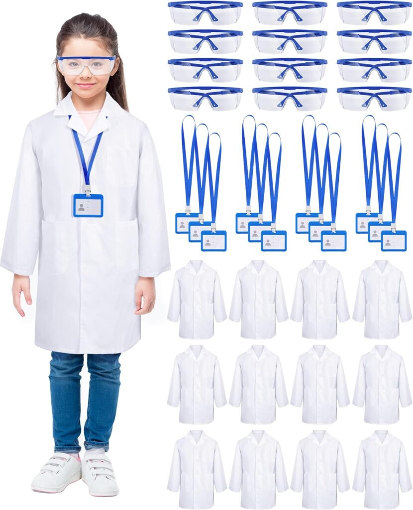 12 Sets 36 Pcs Kids Lab Coat Set Halloween Doctor Costume with Goggles ID Card Science Dentist Doctor Dress Up Kit