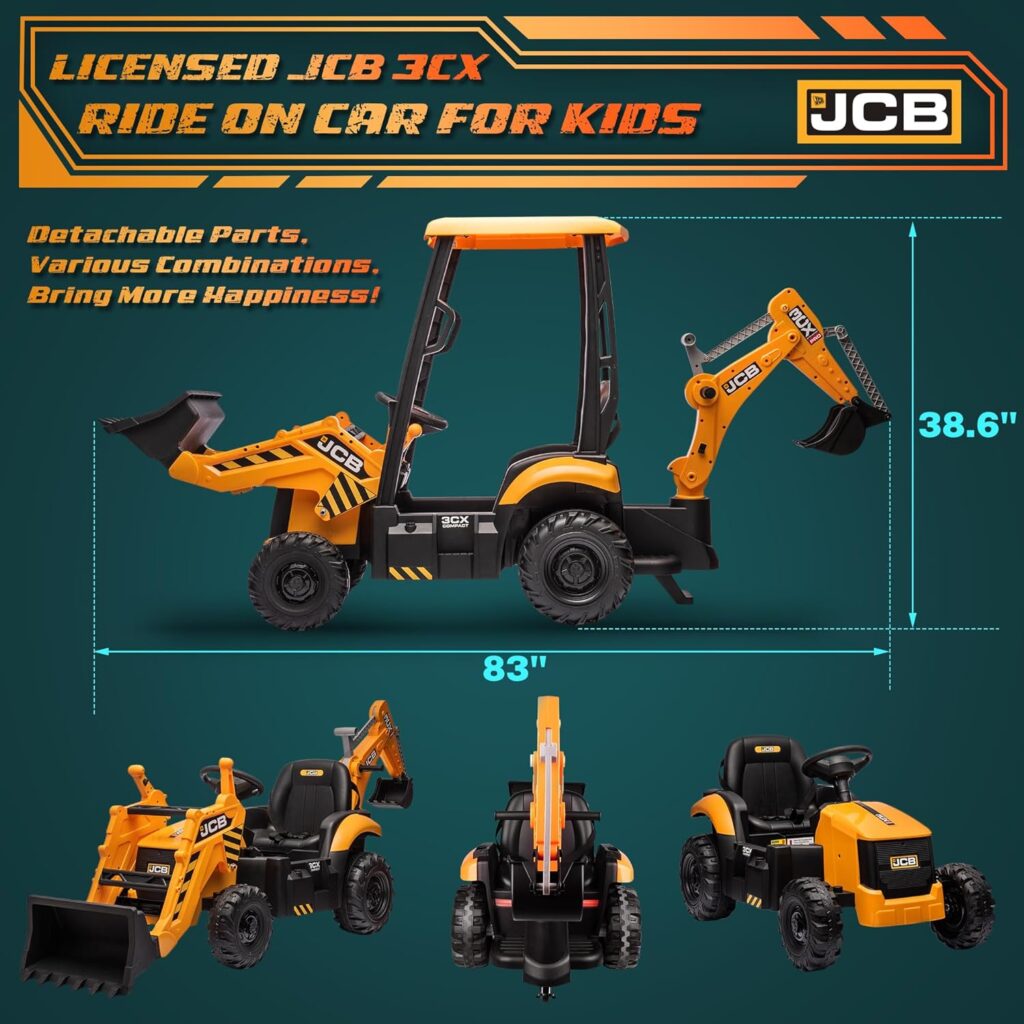 12V JCB Electric Backhoe Loader Toy Car for Kids, Battery Powered Ride on Construction Vehicle Toys w/Front Loader  Excavator, Remote Control, Moving Parts, Adjustable Seat, Soft Start