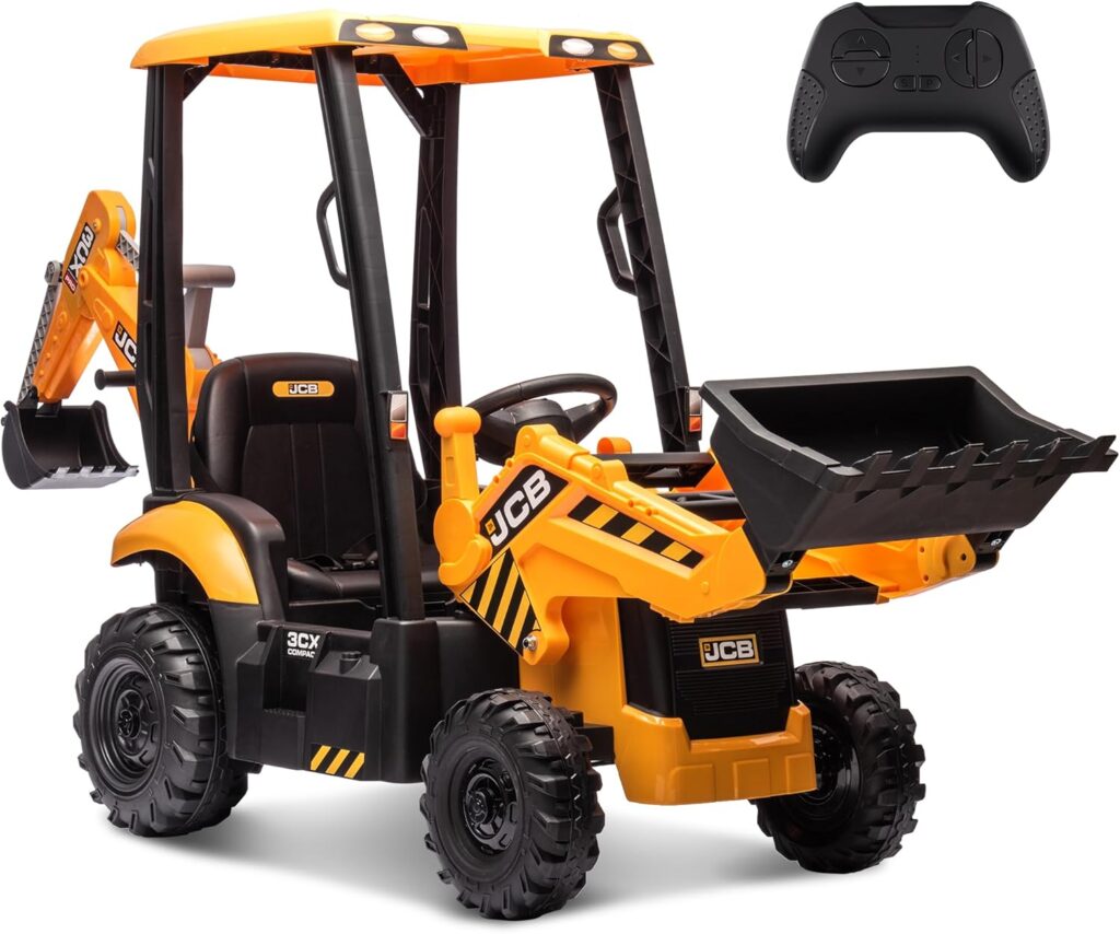 12V JCB Electric Backhoe Loader Toy Car for Kids, Battery Powered Ride on Construction Vehicle Toys w/Front Loader  Excavator, Remote Control, Moving Parts, Adjustable Seat, Soft Start