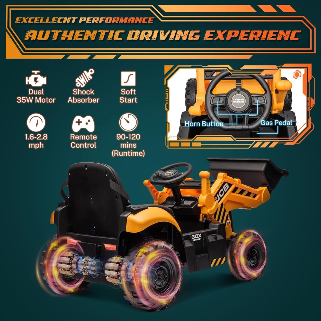 12V JCB Electric Backhoe Loader Toy Car for Kids, Battery Powered Ride on Construction Vehicle Toys w/Front Loader  Excavator, Remote Control, Moving Parts, Adjustable Seat, Soft Start