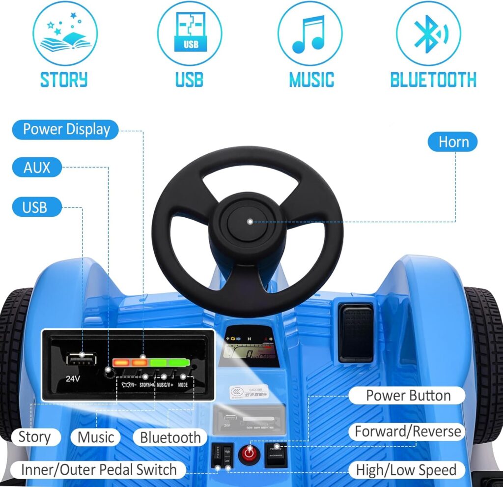 24V Ride on Toys for Big Kids and Adult with Remote Control, 2 Seater Ride on Electric Car Truck Vehicles for Kids, Parent-Child Family Car Max 198LBS/2 Pedals/Tool Box/Bluetooth Music (Blue)