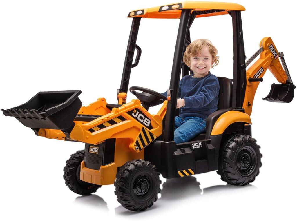 4 in 1 Ride on Excavator, 12V Battery Powered Electric Vehicle for Kids with Remote Control, Front Loader, Digger, Horn, EVA Tires, Kids Excavator Rride on Toy, Yellow