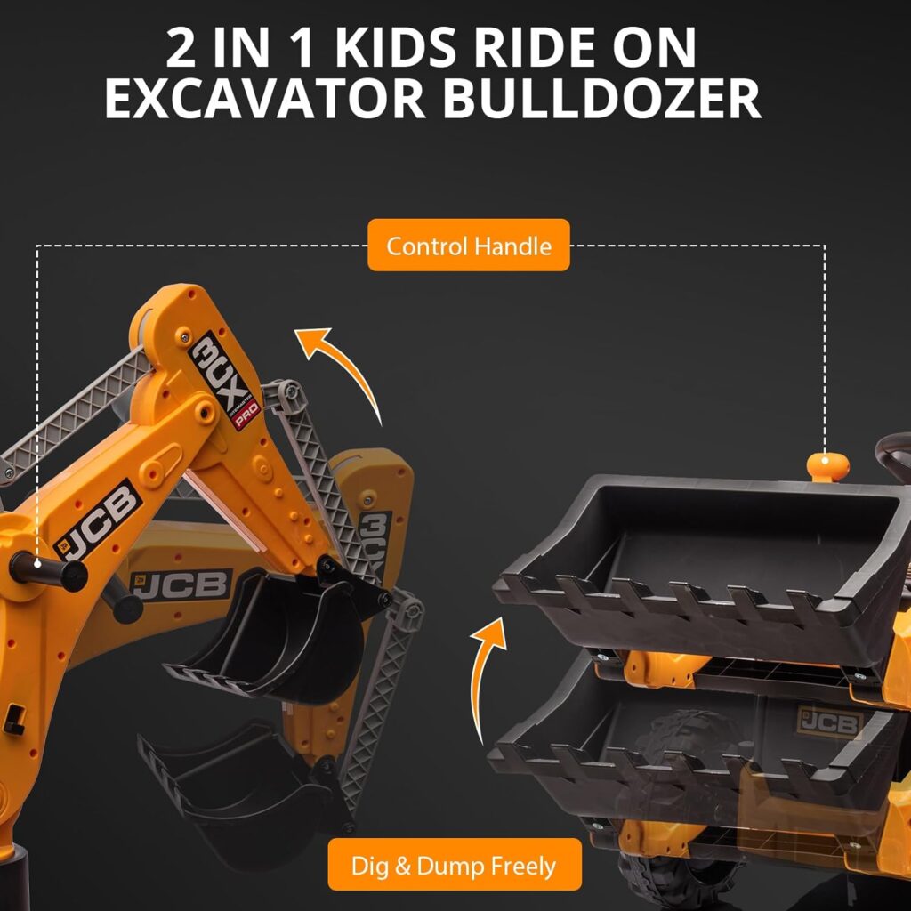 4 in 1 Ride on Excavator, 12V Battery Powered Electric Vehicle for Kids with Remote Control, Front Loader, Digger, Horn, EVA Tires, Kids Excavator Rride on Toy, Yellow