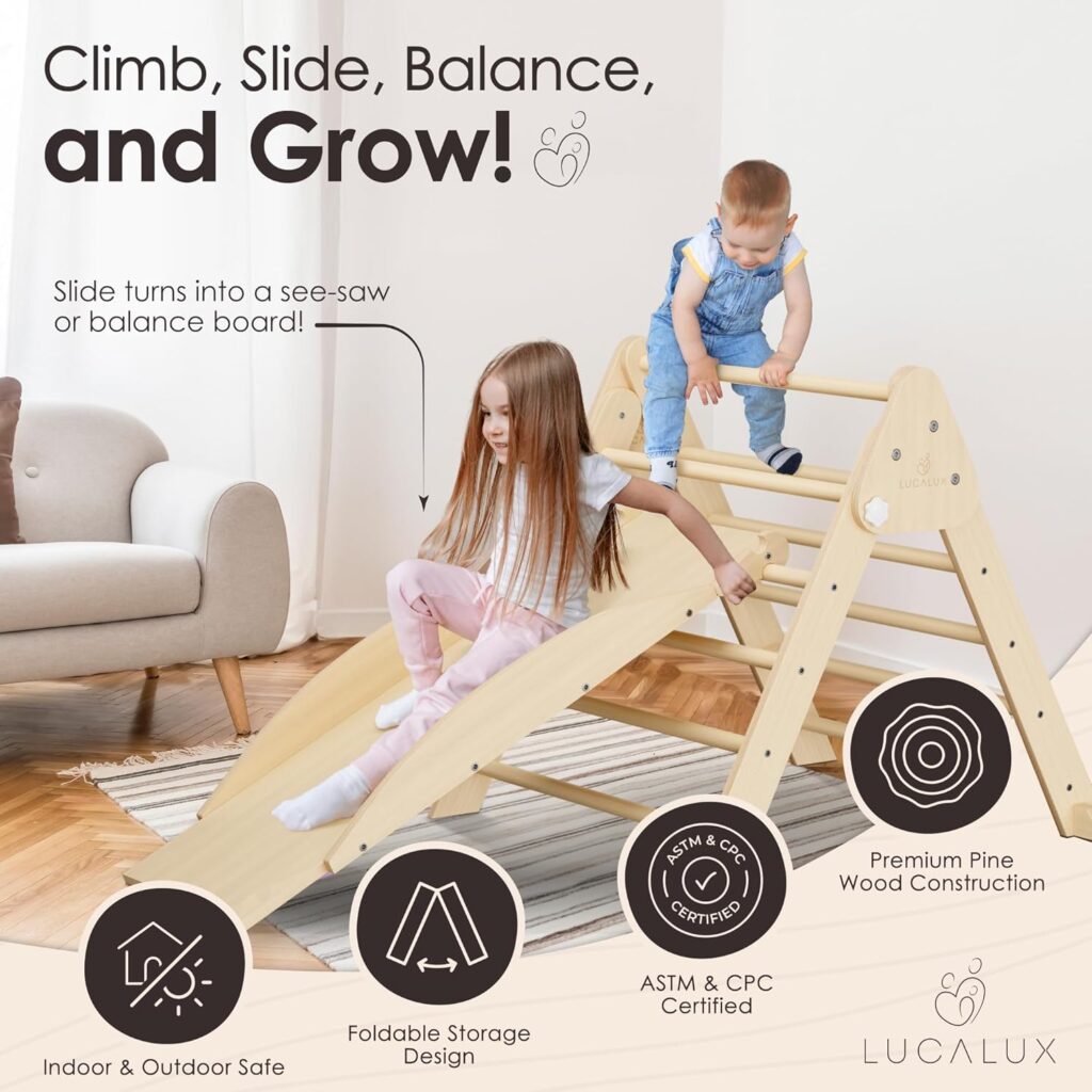 6-in-1 Pikler Triangle Set - Indoor  Outdoor Climbing Set for Toddlers - Rock Climber Wall, Balance Board, Seesaw, Slide - Foldable Pine  Birch Wood Frame - Wooden Play Gym Toys for Kids