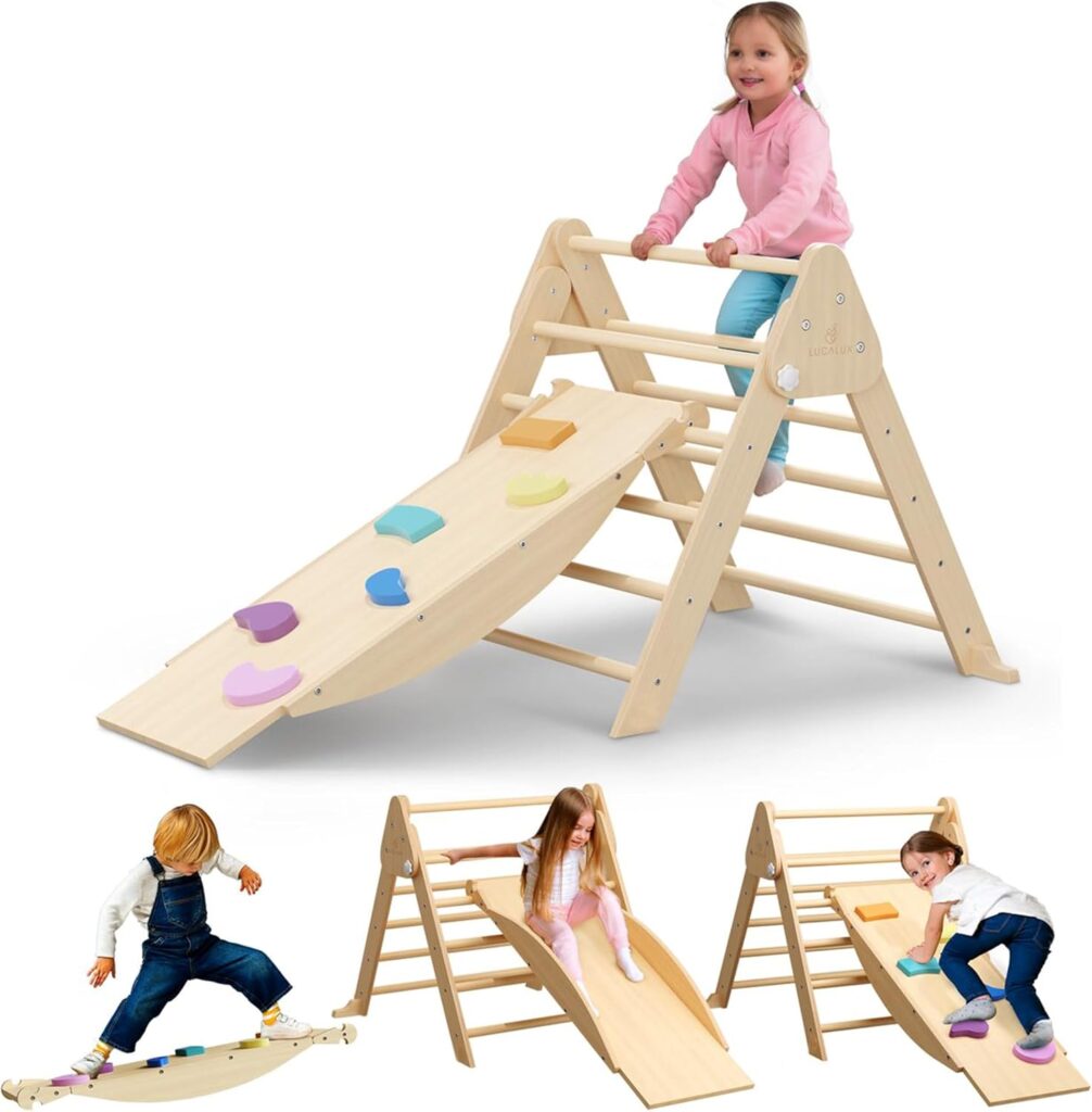 6-in-1 Pikler Triangle Set - Indoor  Outdoor Climbing Set for Toddlers - Rock Climber Wall, Balance Board, Seesaw, Slide - Foldable Pine  Birch Wood Frame - Wooden Play Gym Toys for Kids