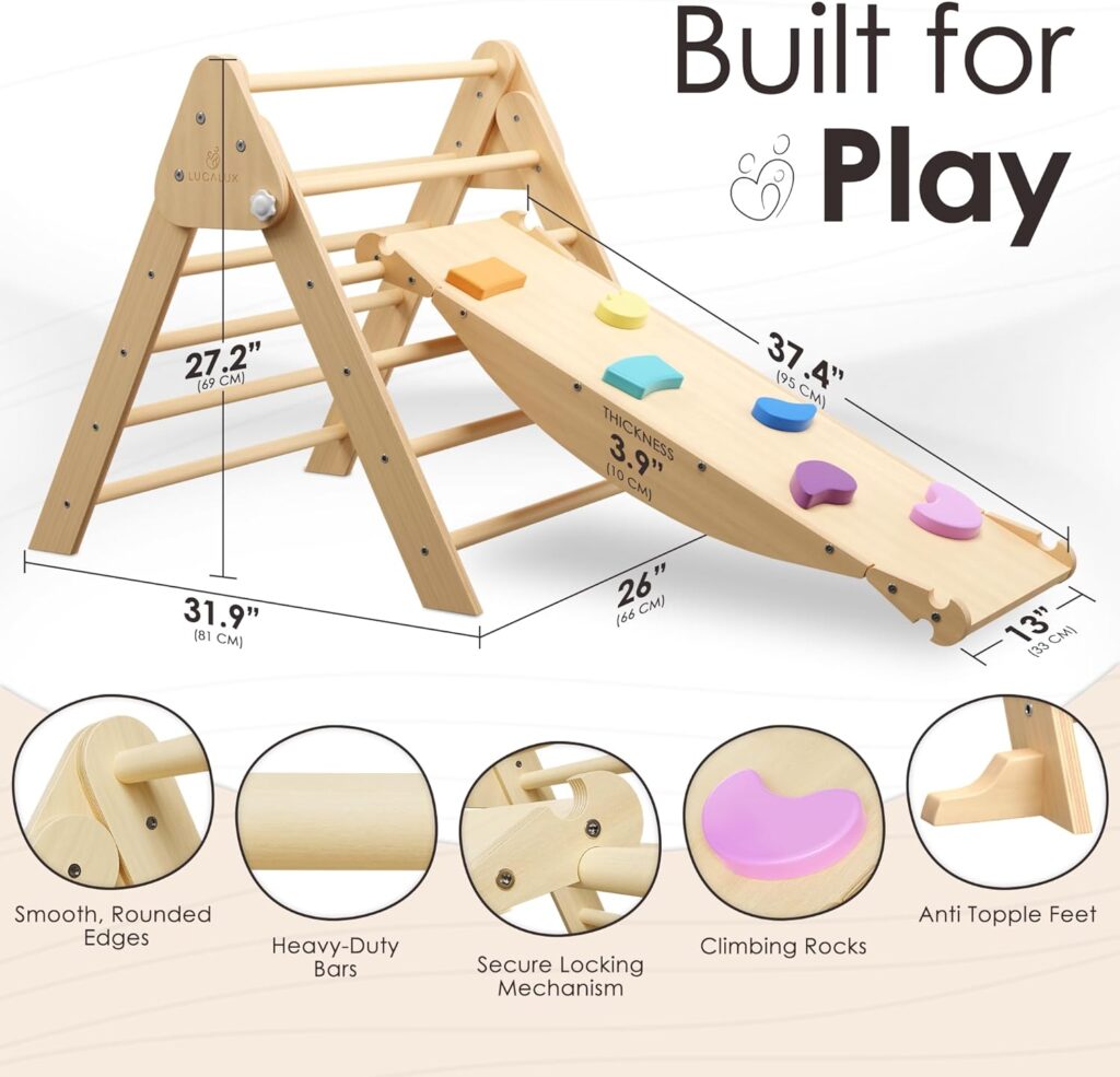 6-in-1 Pikler Triangle Set - Indoor  Outdoor Climbing Set for Toddlers - Rock Climber Wall, Balance Board, Seesaw, Slide - Foldable Pine  Birch Wood Frame - Wooden Play Gym Toys for Kids