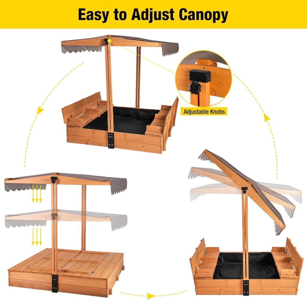 Aivituvin Kids Sand Boxes with Canopy Sandboxes with Covers Foldable Bench Seats, Children Outdoor Wooden Playset - Upgrade Retractable Roof (47x47Inch)