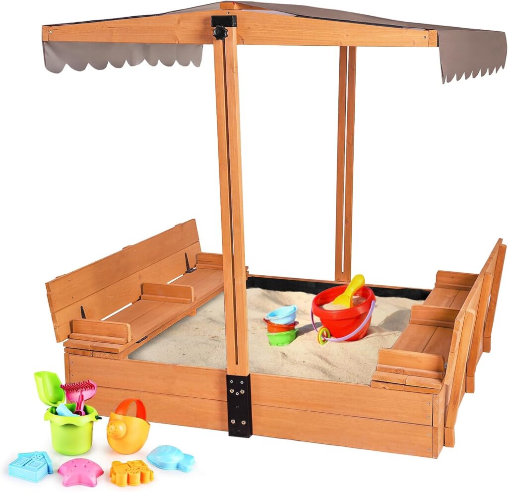 Aivituvin Kids Sand Boxes with Canopy Sandboxes with Covers Foldable Bench Seats, Children Outdoor Wooden Playset - Upgrade Retractable Roof (47x47Inch)