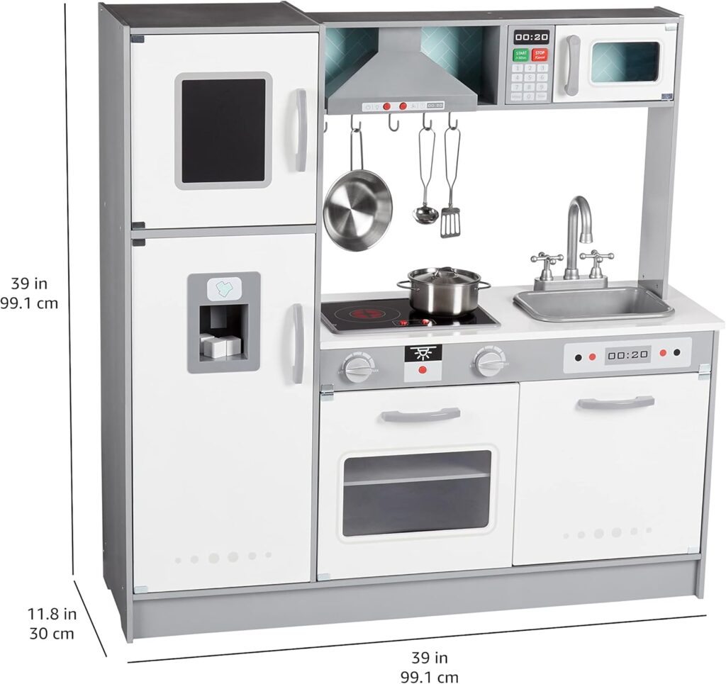 Amazon Basics Kids Upright Wooden Kitchen Toy Playset with Stove, Oven, Sink, Fridge and Accessories, for Toddlers, Preschoolers, Children Age 3+ Years, White  Gray, 39L x 11.8W x 39H