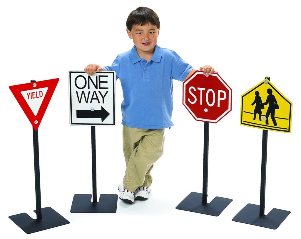 Angeles Traffic Signs Set of 4, Outdoor Play Equipment for Daycare, Preschool, Playground, Kids Playhouse