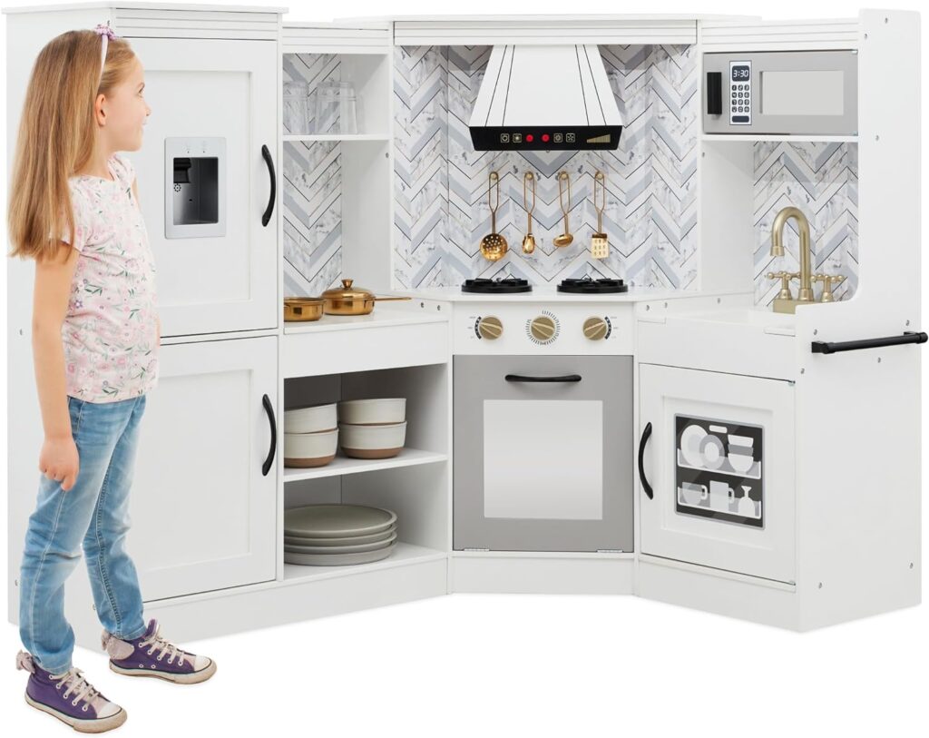 Best Choice Products Pretend Play Corner Kitchen, Ultimate Interactive Wooden Toy Set for Kids w/Lights  Sounds, Ice Maker, Hood, Utensils, Oven, Microwave, Sink - White