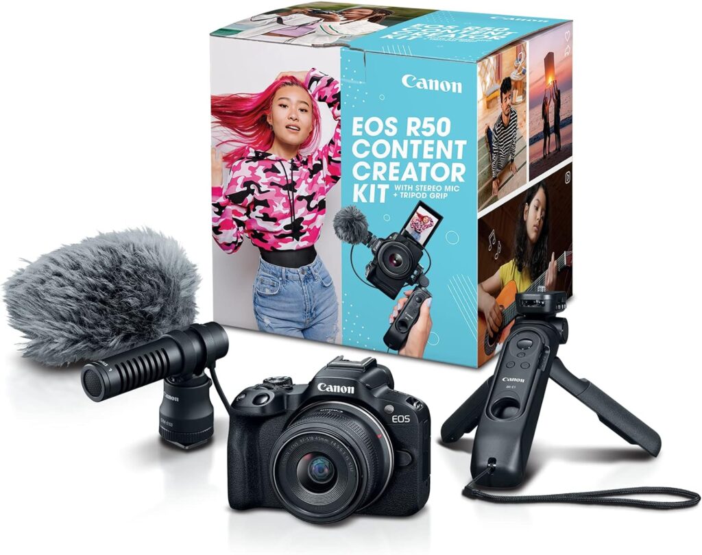 Canon EOS R50 Content Creator Kit, Mirrorless Vlogging Camera, 24.2 MP, 4K Video, DIGIC X Image Processor, RF-S18-45mm F4.5-6.3 IS STM Lens, Stereo Microphone, Tripod Grip, Wireless Remote Control