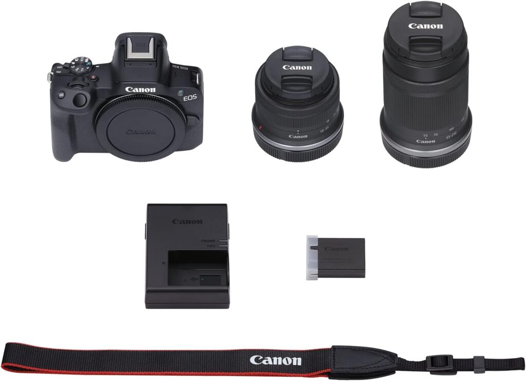 Canon EOS R50 Content Creator Kit, Mirrorless Vlogging Camera, 24.2 MP, 4K Video, DIGIC X Image Processor, RF-S18-45mm F4.5-6.3 IS STM Lens, Stereo Microphone, Tripod Grip, Wireless Remote Control