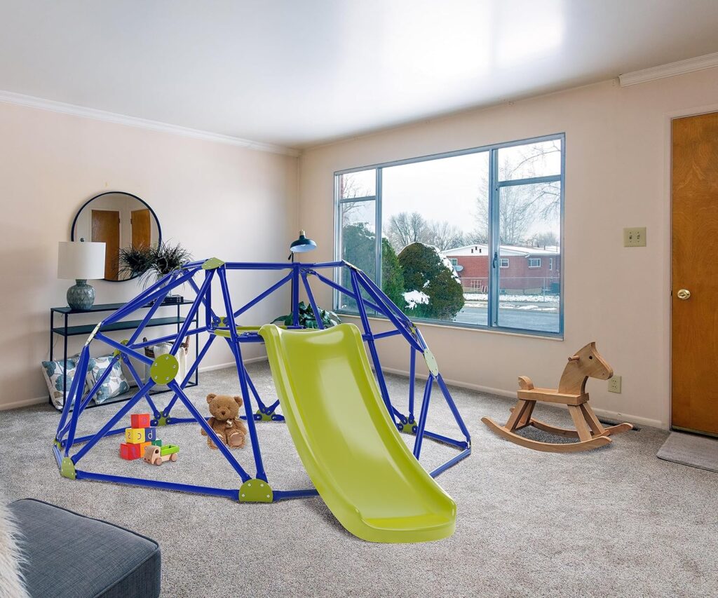 Climbing Dome with Slide, Toddlers Indoor/Outdoor Geodesic Climber, 8FT Climbing Frame Structural Steel, Childrens Playground Equipment, Kids Jungle Gym, Gift for Boys and Girls (Blue)