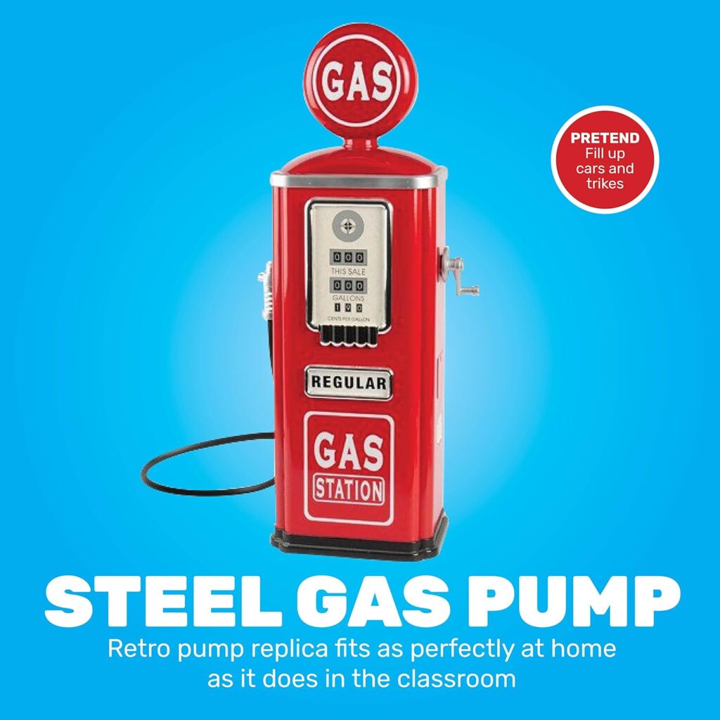 Constructive Playthings Kids Steel Vintage Gas Station Toy with Child-Size Gas Pump and Nozzle, Simulation Gas Pump Toy for Kids Ages 3+, Red