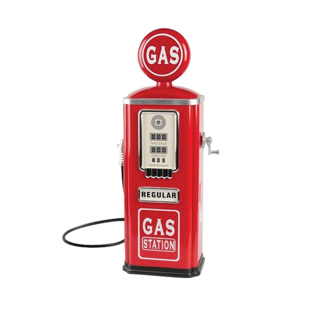 Constructive Playthings Kids Steel Vintage Gas Station Toy with Child-Size Gas Pump and Nozzle, Simulation Gas Pump Toy for Kids Ages 3+, Red