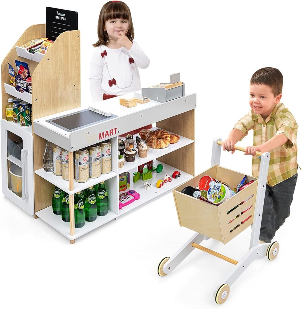 Costzon Pretend Grocery Store Playset, Wooden Supermarket Toy Set for Kids with Chalkboard, Cash Register, Vending Machine, Play Food Accessories, Toddler Play Store, Gift for Boys  Girls (Natural)