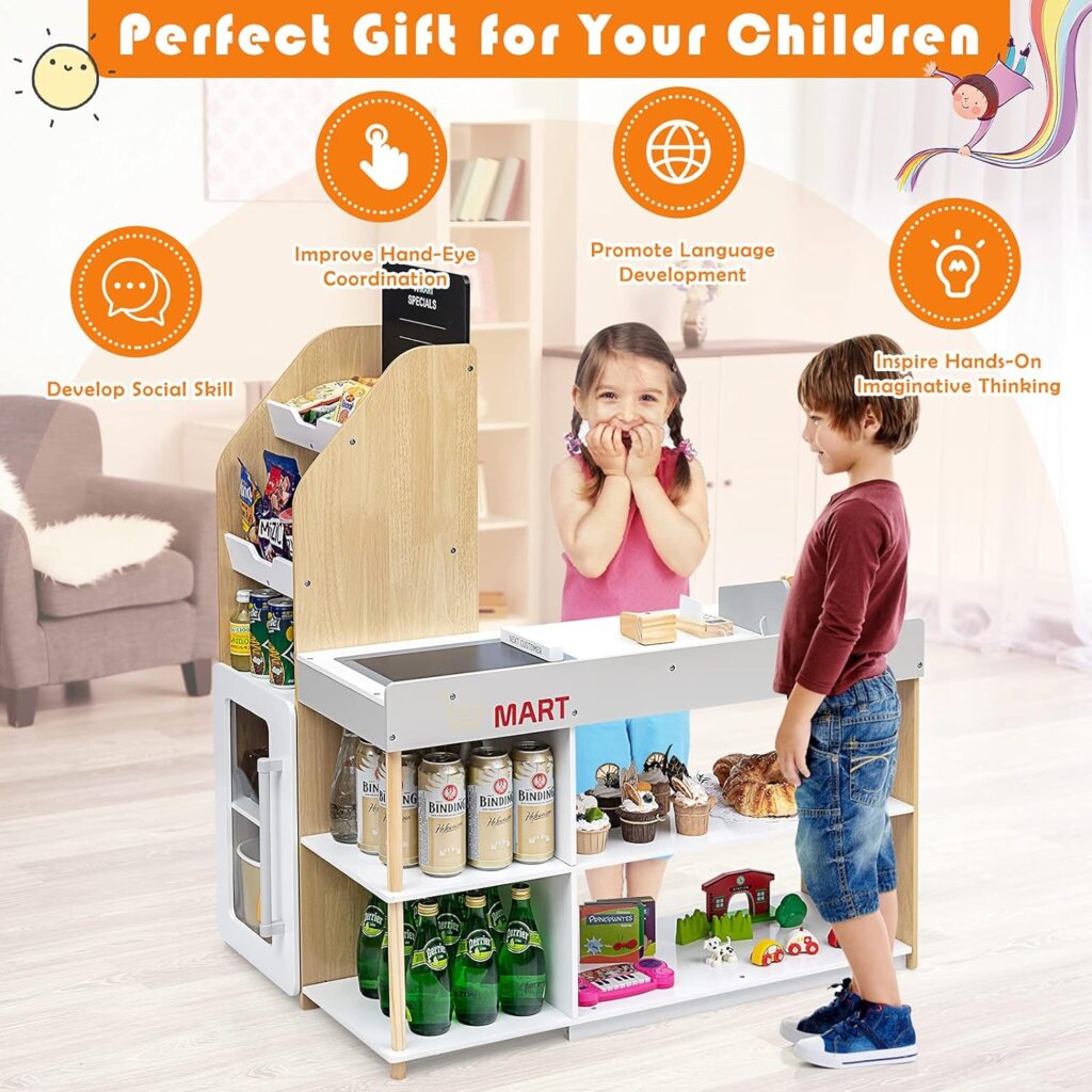 Costzon Pretend Grocery Store Playset, Wooden Supermarket Toy Set for Kids with Chalkboard, Cash Register, Vending Machine, Play Food Accessories, Toddler Play Store, Gift for Boys  Girls (Natural)