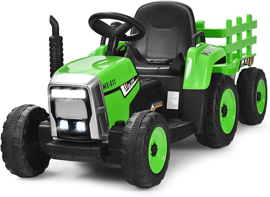 Costzon Ride on Tractor with Detachable Trailer, 12V Kids Electric Vehicles w/3-Gear-Shift Ground Loader, Wireless Design  USB, 7 LED Headlights, Remote Control Tractor Toy for Kids 3+ (Dark Green)