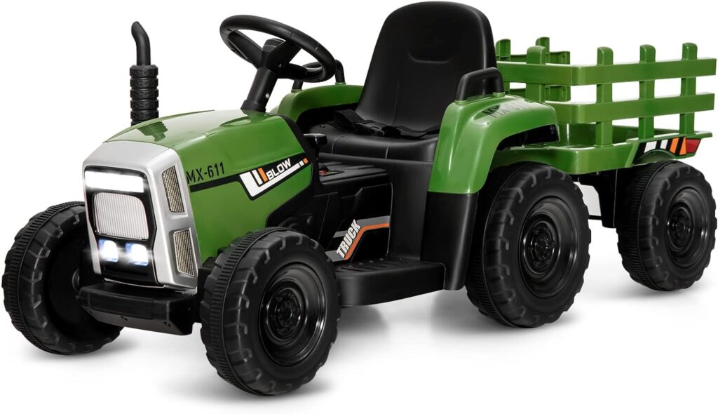 Costzon Ride on Tractor with Detachable Trailer, 12V Kids Electric Vehicles w/3-Gear-Shift Ground Loader, Wireless Design  USB, 7 LED Headlights, Remote Control Tractor Toy for Kids 3+ (Dark Green)