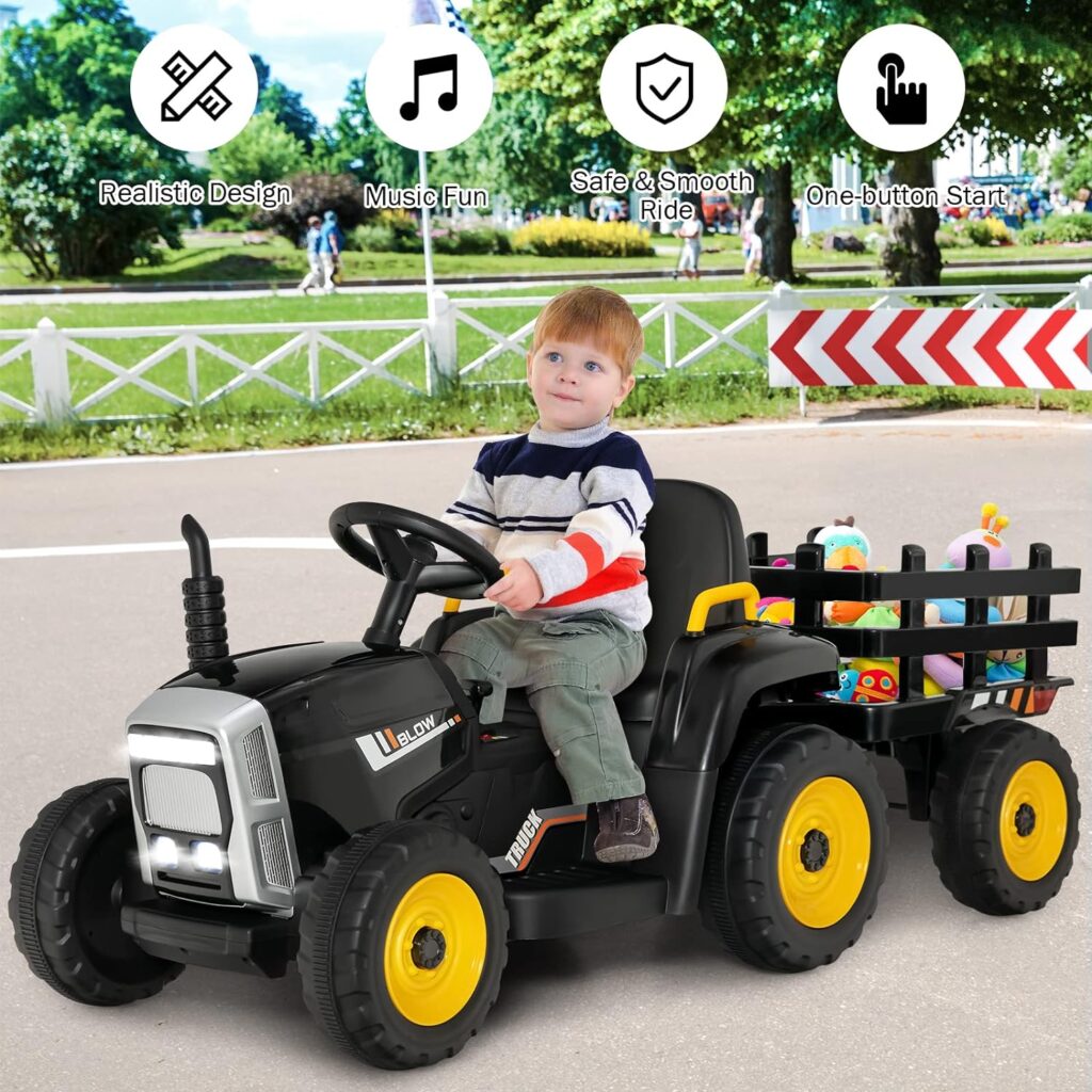 Costzon Ride on Tractor with Detachable Trailer, 12V Kids Electric Vehicles w/3-Gear-Shift Ground Loader, Wireless Design  USB, 7 LED Headlights, Remote Control Tractor Toy for Kids 3+ (Dark Green)