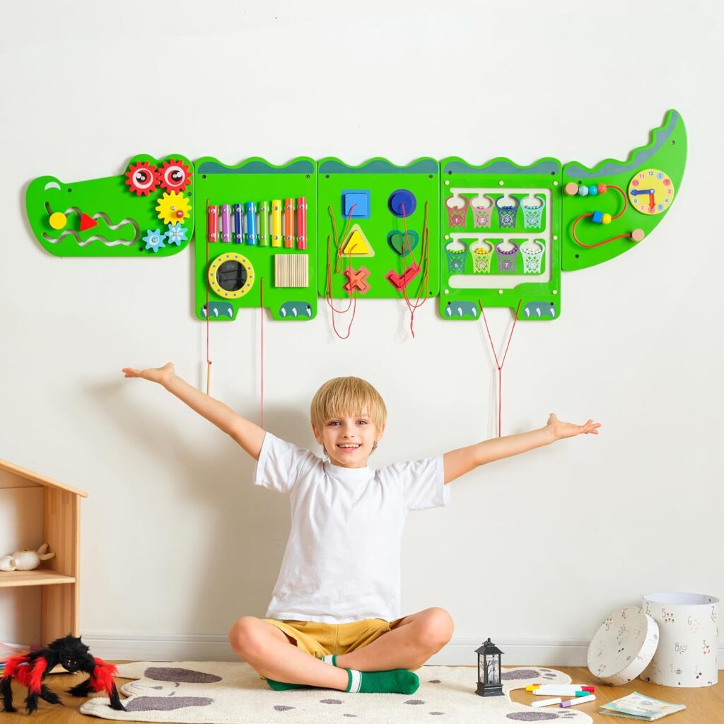 Crocodile Sensory Toys Activity Wall Panels, Educational Montessori Busy Board for Toddlers, Activity Cube - Sensory Wall, Wooden Learning Toys, Interactive Toys-Green