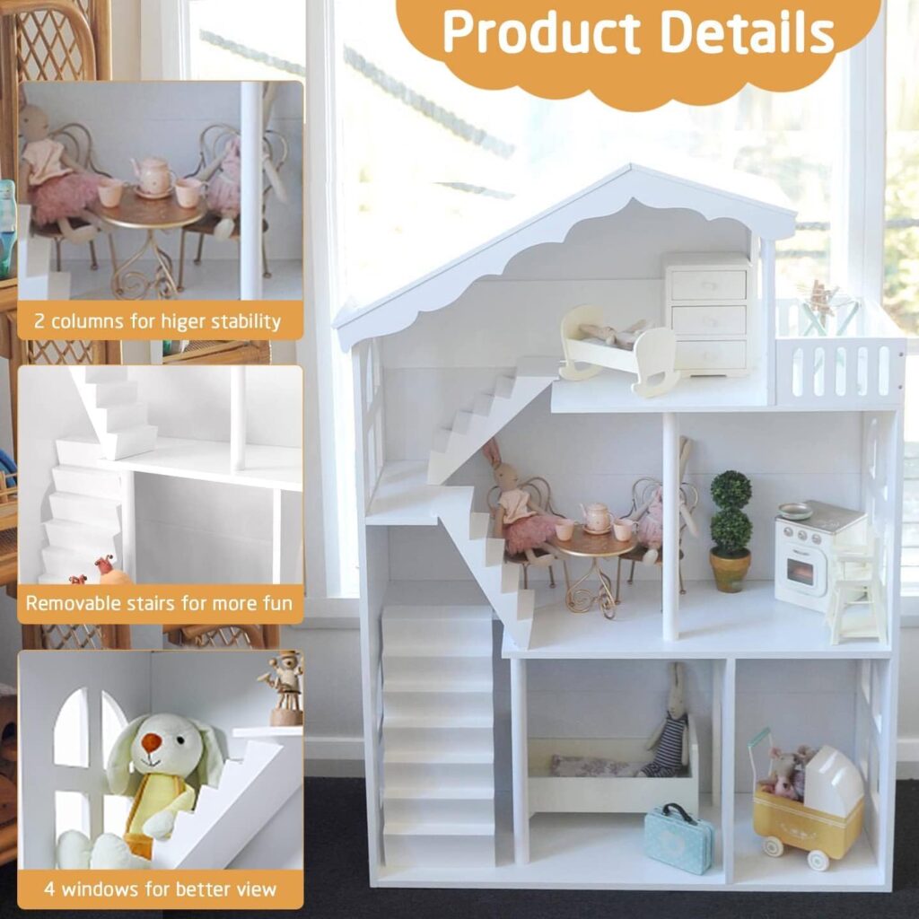 Dollhouse Bookshelf, Wooden Kids Bookshelve Children Doll House Toy Storage 3-Tier Bookcase for Books Gift for Girls Ages 3-7+