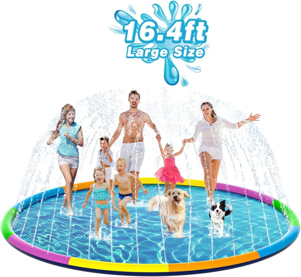 EPN Splash Pad, 16.4 Ft Size Extra Large Sprinkler Play Mat for Dogs  Kids, Thicker Wading Pool Summer Outdoor Water Toys, Fun Backyard Fountain Play Pad for 3 Age+ Girls Boys Children  Pets