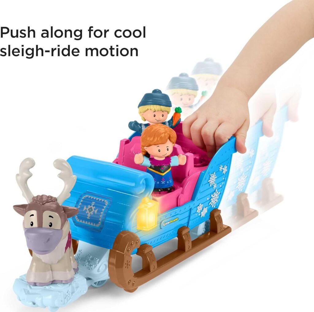 Fisher-Price Little People Toddler Toy Disney Frozen Kristoff’s Sleigh Vehicle with Anna Kristoff  Sven Figures for Ages 18+ Months