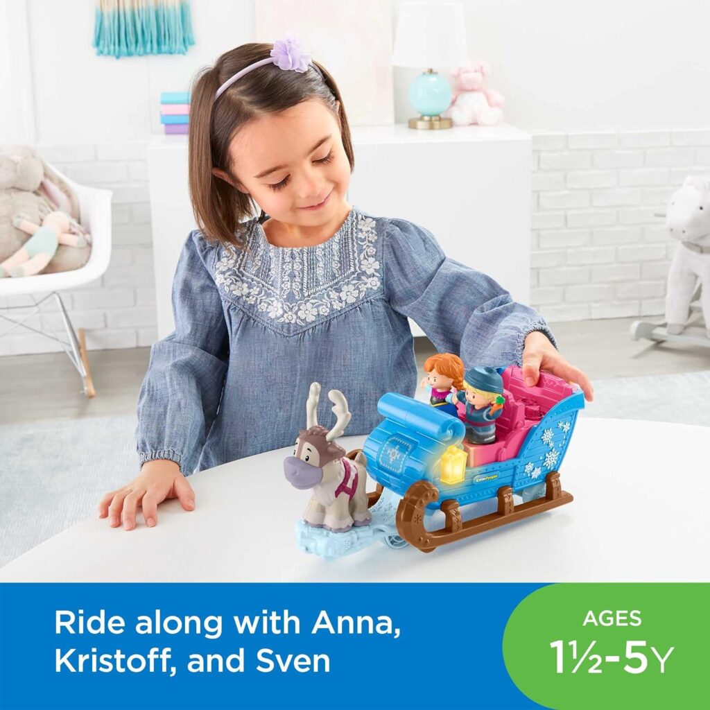 Fisher-Price Little People Toddler Toy Disney Frozen Kristoff’s Sleigh Vehicle with Anna Kristoff  Sven Figures for Ages 18+ Months