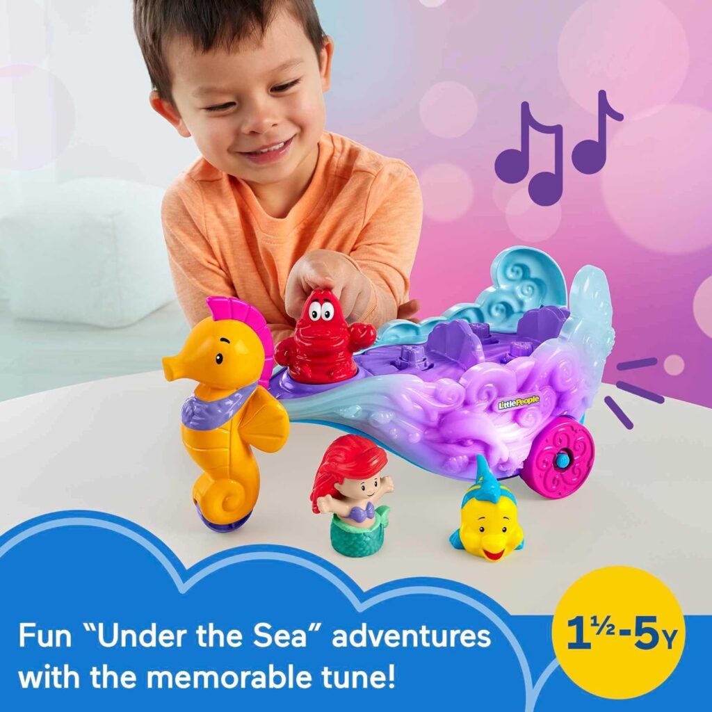 Fisher-Price Little People Toddler Toy Disney Princess Ariel’s Light-Up Sea Carriage Musical Vehicle with 2 Figures for Ages 18+ Months