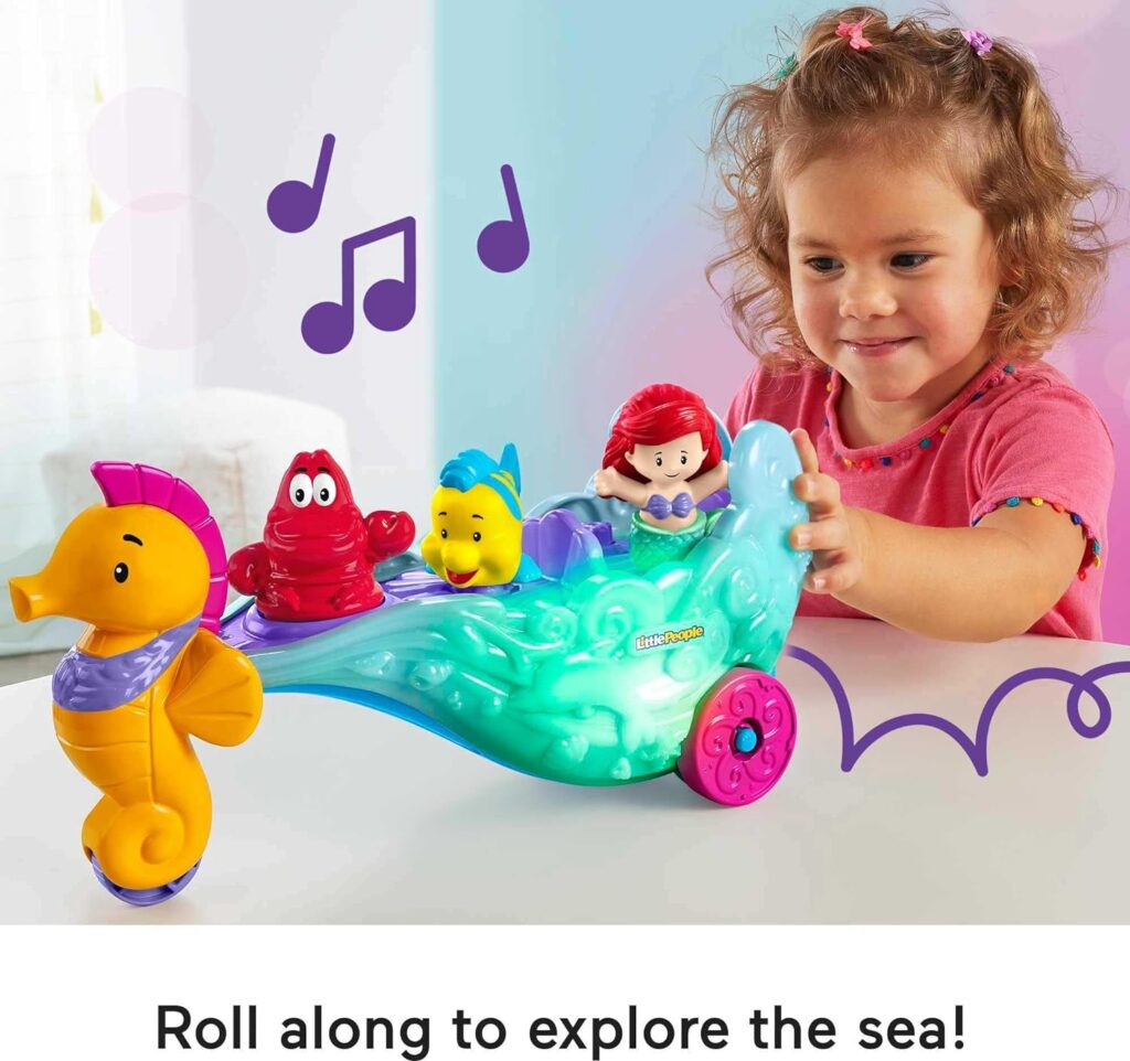 Fisher-Price Little People Toddler Toy Disney Princess Ariel’s Light-Up Sea Carriage Musical Vehicle with 2 Figures for Ages 18+ Months