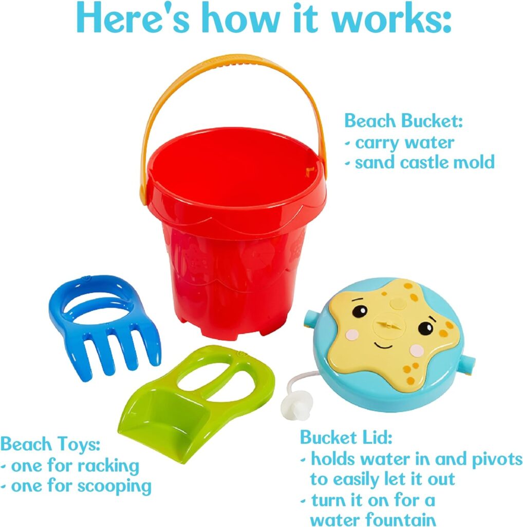 Fisher-Price Toddler 3-in-1 Beach Bucket, Portable Sprinkler and Sandcastle Mold | Water Toy and Sand Toys for Ages 18+ Months | Includes Sand Tools