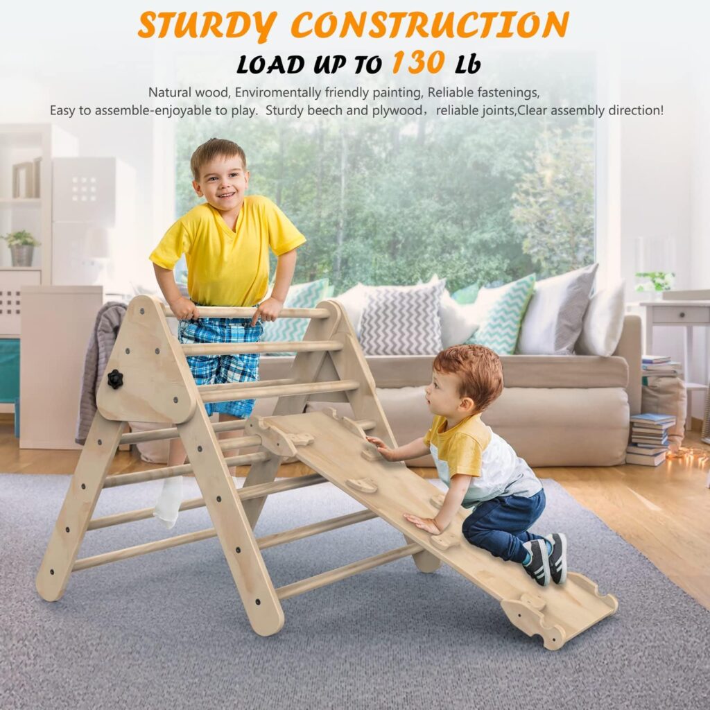 Foldable Climbing Triangle Ladder Toys with Ramp for Sliding or Climbing, Set of 3 Wooden Safety Sturdy Kids Play Gym, Indoor Outdoor Playground Climbing Toys for Toddlers