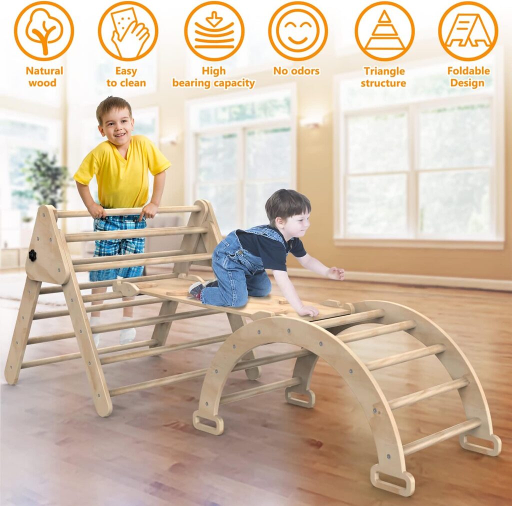 Foldable Climbing Triangle Ladder Toys with Ramp for Sliding or Climbing, Set of 3 Wooden Safety Sturdy Kids Play Gym, Indoor Outdoor Playground Climbing Toys for Toddlers