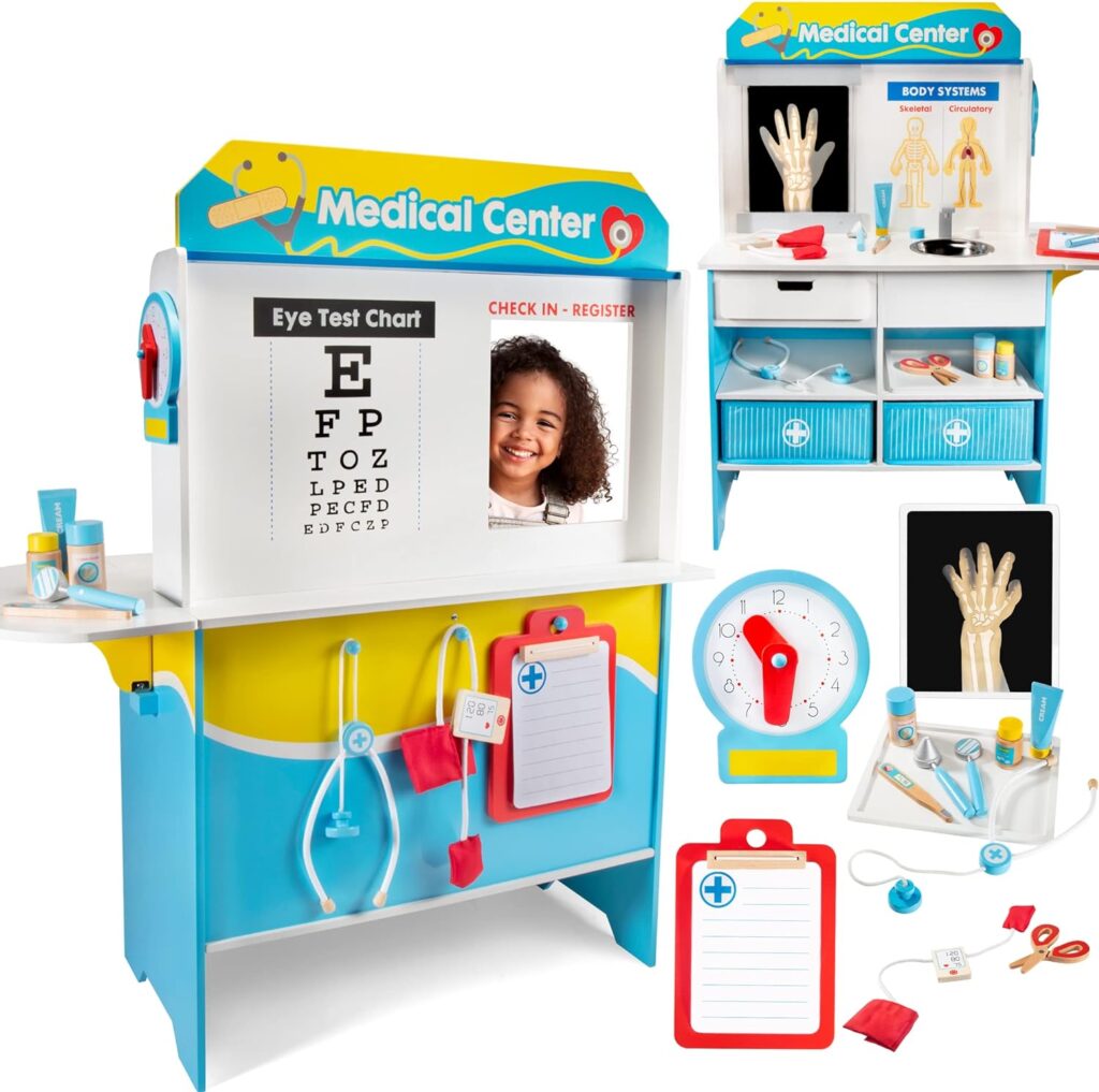 Get Well Doctor Wooden Activity Center - Kids Pretend Play Medical Playset w 16 Fun Accessories, Dual Sided, Office Checkup Kit X-Rays Blood Pressure Cuff- Roleplaying Center for Boys  Girls 3+ Gift