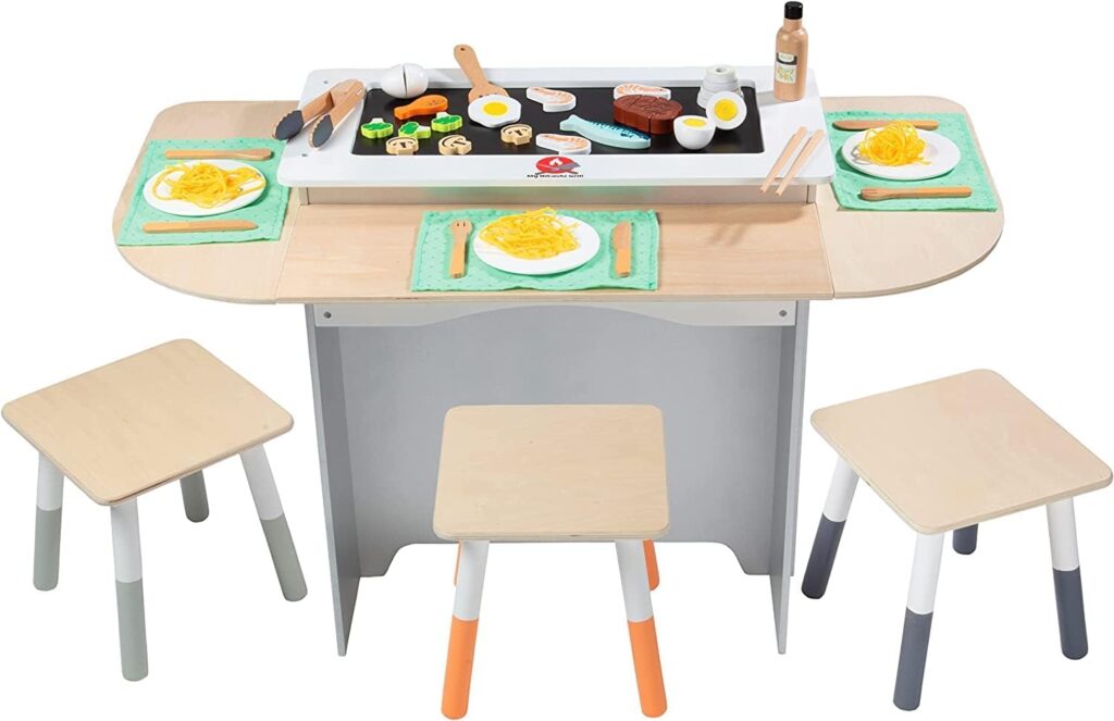 Hibachi Grill Wooden Kids Playset w/ Stools, Table Settings and Over 25 Toy Food Pieces - Noodles, Tongs, Meats, Veggies - Everything Your Little Chef Needs for Pretend Play Indoor Japanese Restaurant