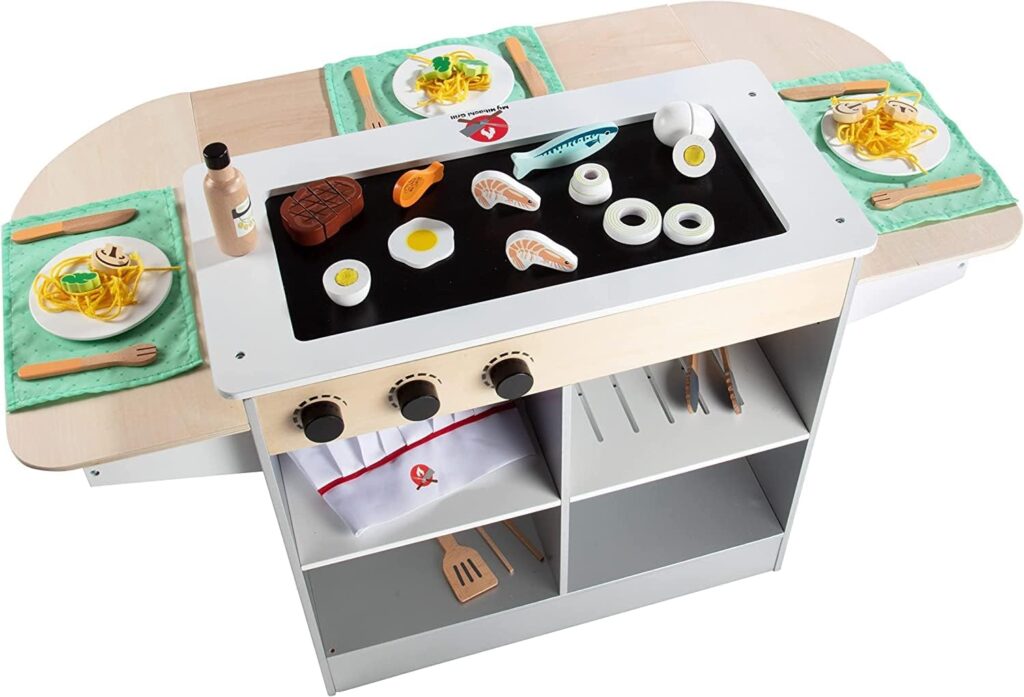 Hibachi Grill Wooden Kids Playset w/ Stools, Table Settings and Over 25 Toy Food Pieces - Noodles, Tongs, Meats, Veggies - Everything Your Little Chef Needs for Pretend Play Indoor Japanese Restaurant