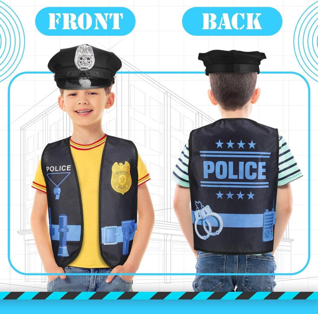 Hicarer 24 Pcs Kids Polices Costume Set Include 12 Police Hat and 12 Police Vest for Kids Police Party Dressing up Police Birthday Themed Party Costume Halloween Accessories