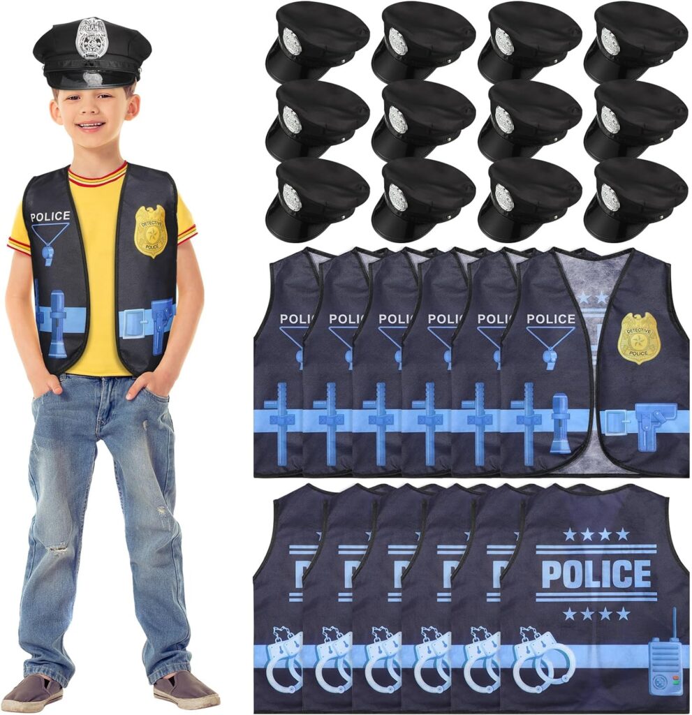 Hicarer 24 Pcs Kids Polices Costume Set Include 12 Police Hat and 12 Police Vest for Kids Police Party Dressing up Police Birthday Themed Party Costume Halloween Accessories