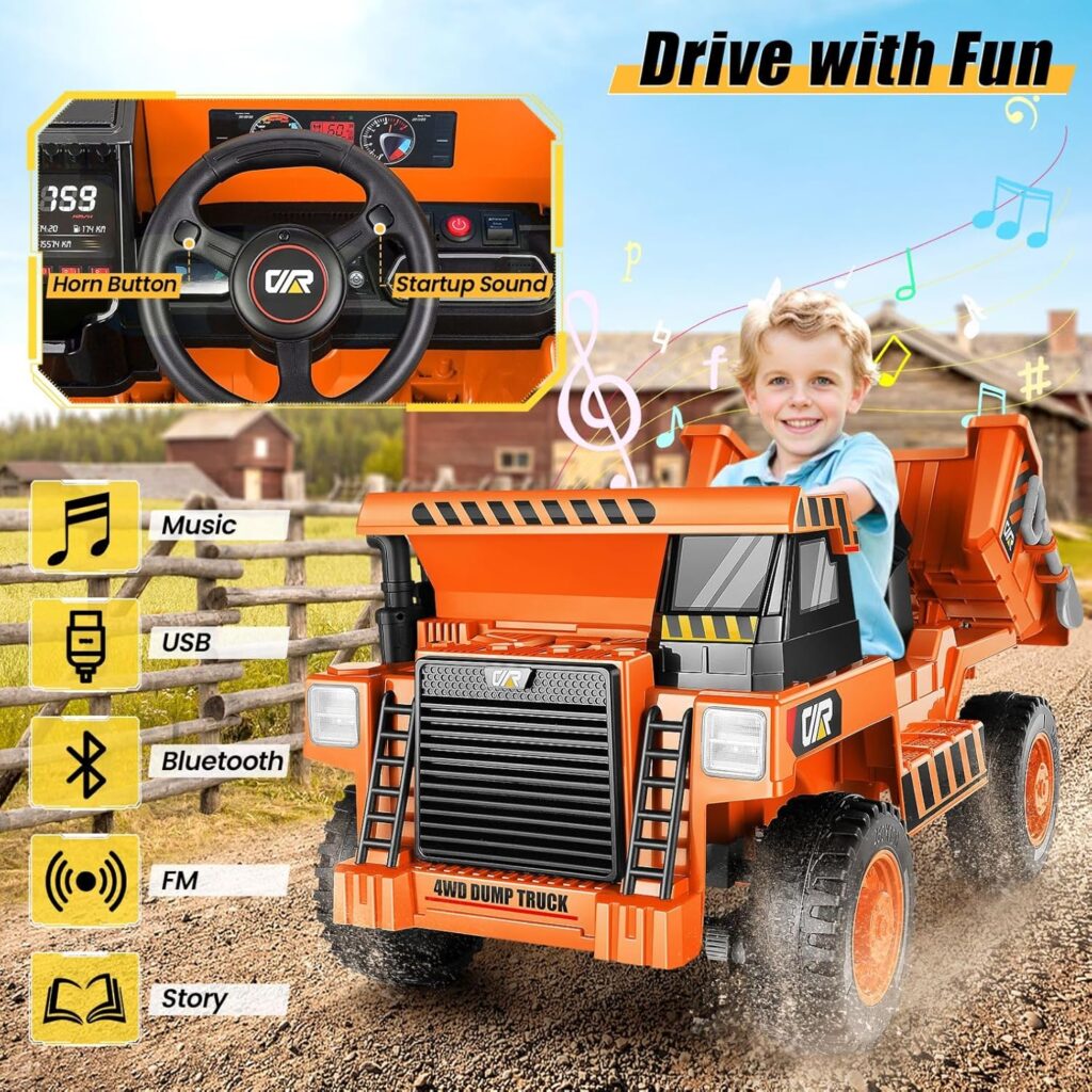 Hikole Ride on Dump Truck for Kids, Electric Cars with Remote Control, Dump Bed, Shovel, Bluetooth, Music Player, Ride on Construction Vehicles for Kids 4-8, Yellow