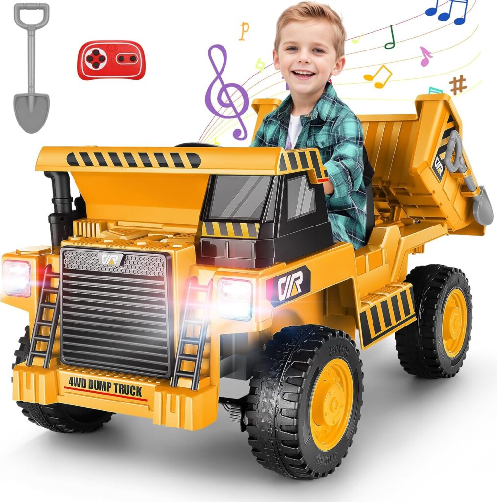 Hikole Ride on Dump Truck for Kids, Electric Cars with Remote Control, Dump Bed, Shovel, Bluetooth, Music Player, Ride on Construction Vehicles for Kids 4-8, Yellow