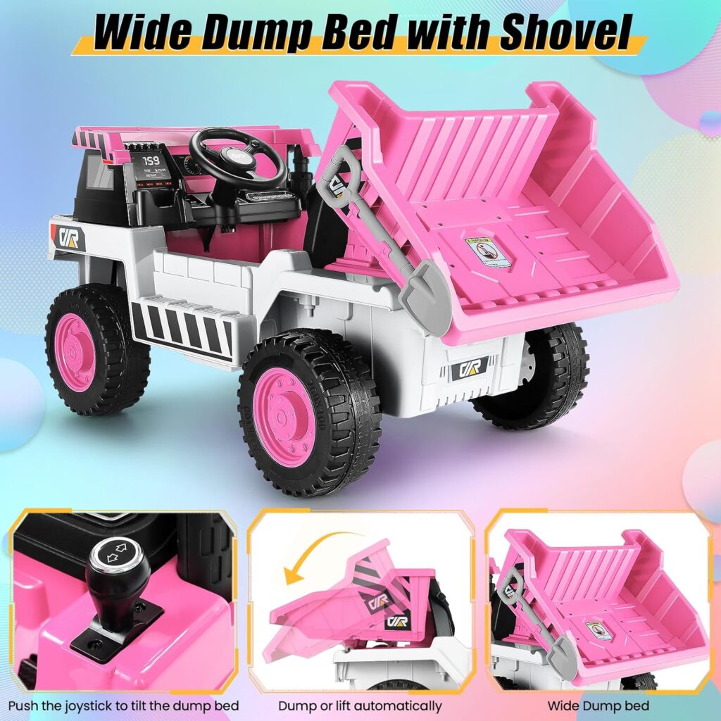 Hikole Ride on Dump Truck for Kids, Electric Cars with Remote Control, Dump Bed, Shovel, Bluetooth, Music Player, Ride on Construction Vehicles for Kids 4-8, Yellow