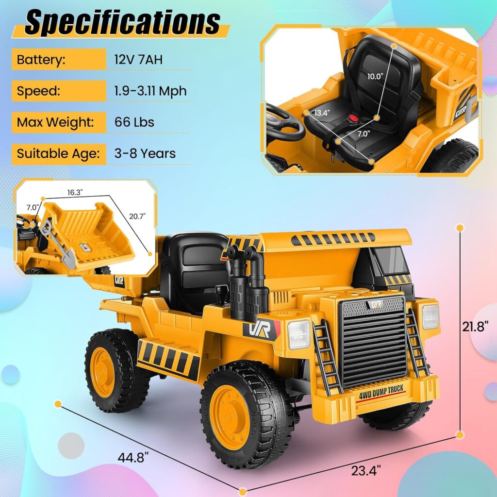 Hikole Ride on Dump Truck for Kids, Electric Cars with Remote Control, Dump Bed, Shovel, Bluetooth, Music Player, Ride on Construction Vehicles for Kids 4-8, Yellow